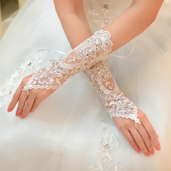 1 Par Bijelih/crveno/bež Vjenčanje rukavice, Elegantne Kratke rukavice Sa štrasom, Bijele Rukavice Držači, Lijepe Vjenčanje Pribor